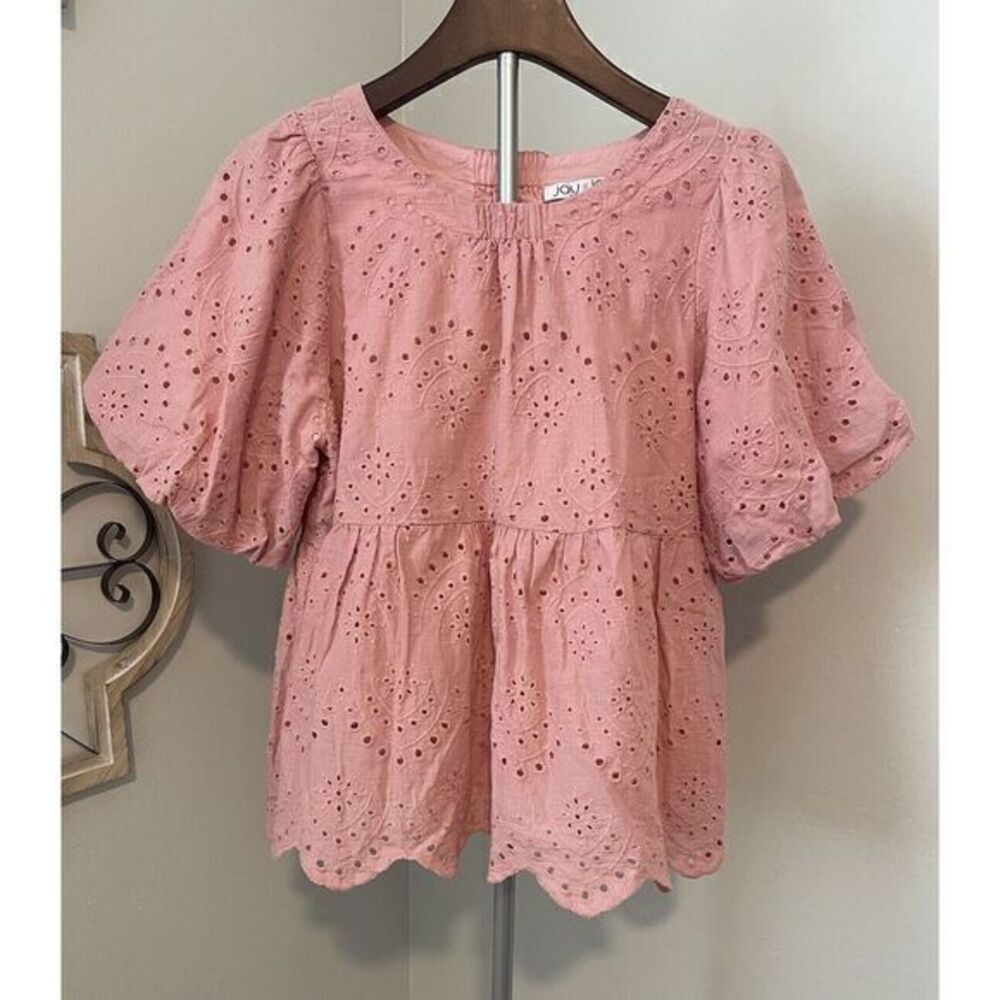 Rose Crochet Eyelet Lined Lantern SleeveTop Size‎ L Joy Joy NWOT